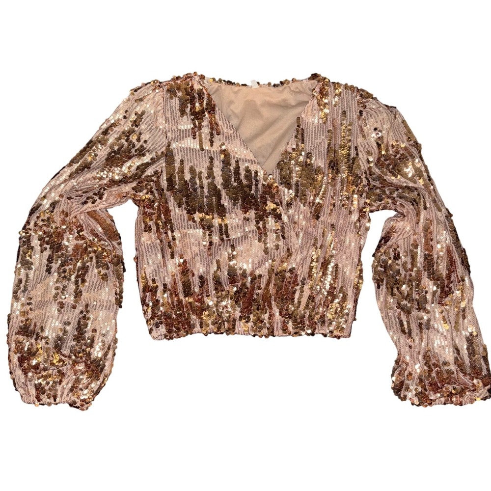 Rose Gold Sequin Long Sleeve Off Shoulder Crop Top‎ Women's Size M